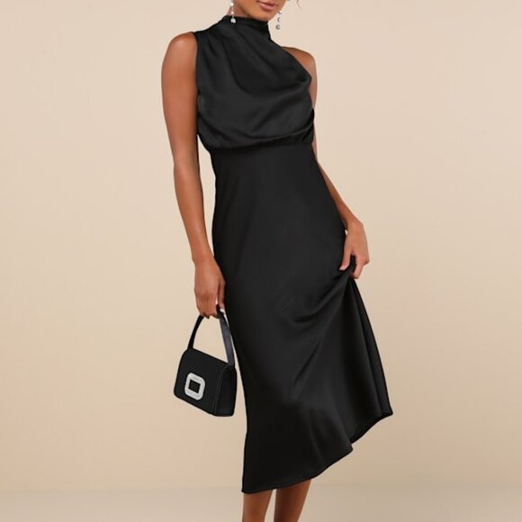 Lulus Distinctive Charm Black Satin Asymmetrical Midi Dress - Size L - Picture 1 of 2